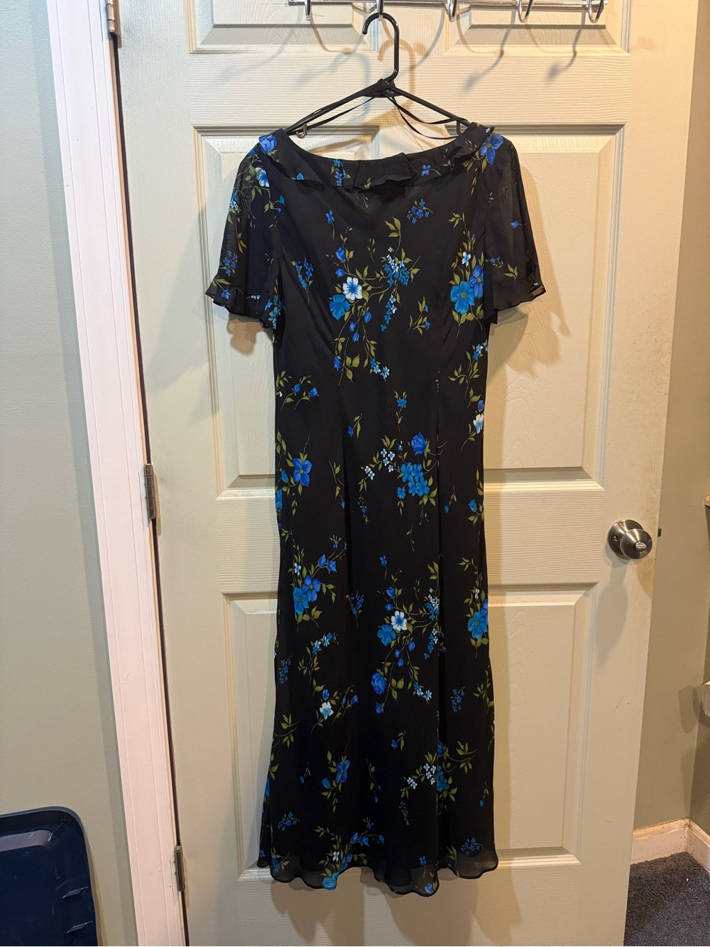 Talbots Black Midi Dress with Blue Floral Print